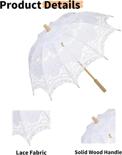 Lace Parasol Umbrella 32 Inch – Victorian Style Bridal Wedding Sunshade for Women, Lace Umbrella for Photoshoot, Tea Party, Costume, Outdoor Decoration