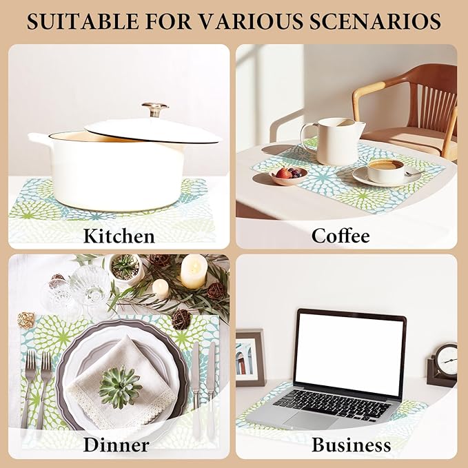 Cotton Linen Waterproof Placemats Set of 4, Blue Teal Flowers Dining Mat Boho Table Mats Decor Fabric for Kitchen Dinner Coffee Shop Table, Indoor/Outdoor Washable Wipeable Placemat -N022