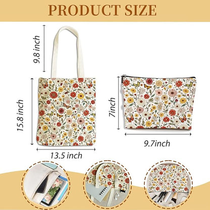 Flower Plant Lover Gifts for Women Canvas Tote Bag with Makeup Bag Cosmetic Bags Grocery Bags for Shopping Christmas