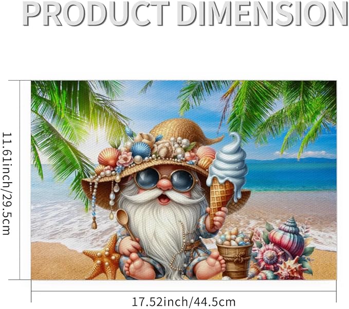 PVC Placemats Set of 1 Summer Gnomes Cute Wipeable Table Mats Washable Heat Resistant Non Slip Vinyl Dining Table Mat for Kithen Indoor Outdoor Patio Farmhouse Place Mats Decorative