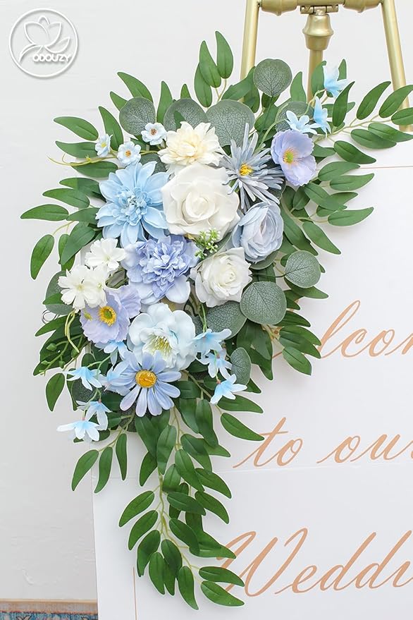 Pack of 2 Wedding Arch Decorations Artificial Hanging Flowers Floral Swag for Wedding Welcome Sign Backdrop Balloon Arch Home Party Bridal Ceremony Reusable(Blue)