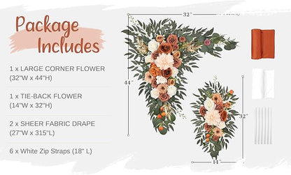 Wedding Arch Flowers with Drapes Kit (Pack of 4) - 2pcs Artificial Terracotta Deluxe Swag with 2pcs Sheer Drapes for Wedding Ceremony Arbor Reception Backdrop Rose Floral Decoration