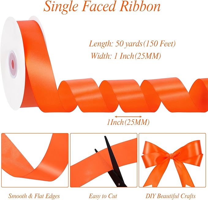 Orange Ribbon 1 Inch 50 Yards Halloween Satin Ribbon for Fall Decor Hair Bows Handmade Roses Crafts Gift Wrapping Party Christmas Decorations