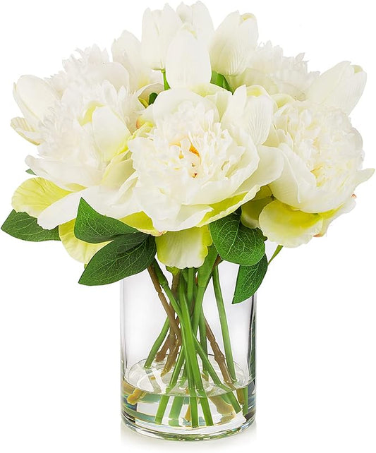 ENOVA FLORAL Artificial Flower Arrangement with Vase, Faux Flower in Vase, Mixed Artificial Real Touch Tulip and Fake Silk Peony Flower in Vase for Decoration Home Office(Cream)