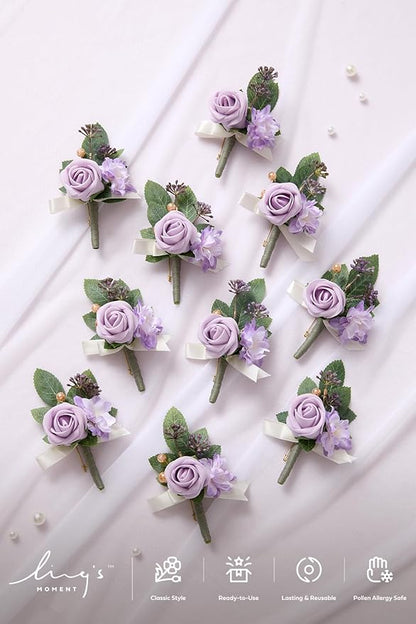Ling's Moment Boutonniere for Men, 10pcs Groomsmen Guest Boutonniere, Artificial Flowers for Wedding Décor/Prom/Homecoming,etc.Purple Lilac