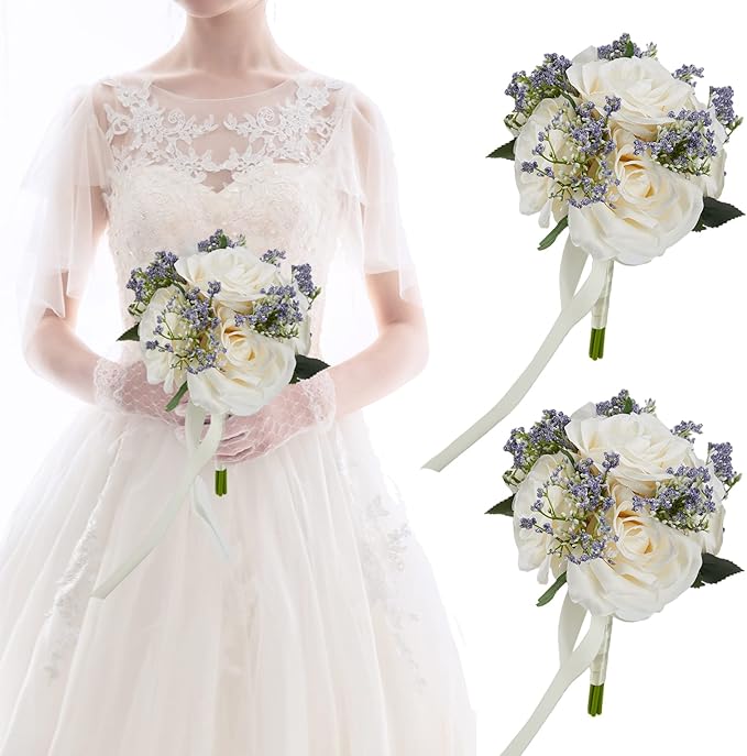 Meldel 6.5 Inch Ivory Bridesmaid Bouquets, Set of 2, Small Rose Artificial Wedding Bouquet Centerpiece Decorations for Wedding