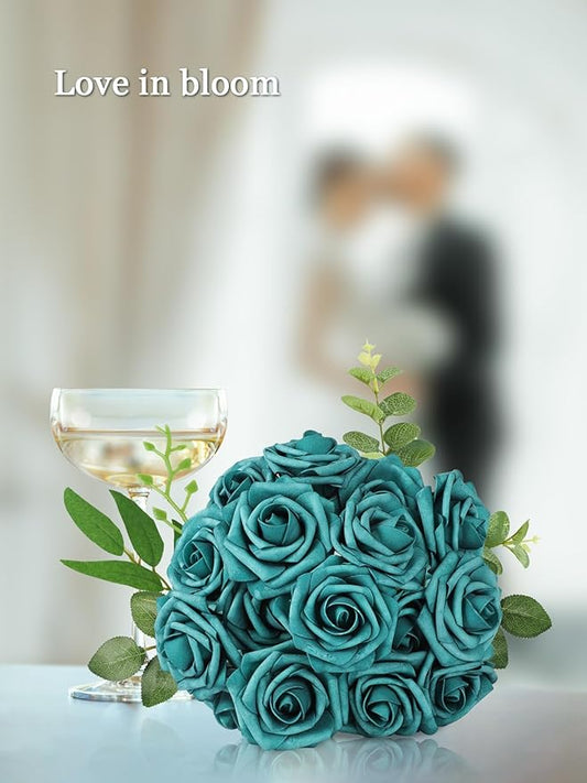 MACTING Artificial Rose Flowers 30PCS Real Touch Fake Flowers with Stem Foam Roses for DIY Wedding Bouquets Table Centerpieces Floral Arrangements Party Home Spring Valentines Day Decor,Peacock Green