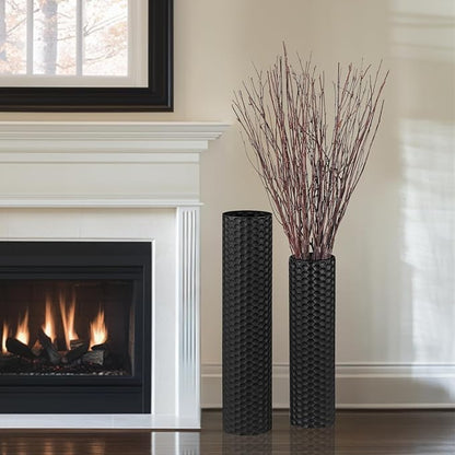 Sziqiqi Black Cylinder Tall Floor Vase: 27.6/21.7in Metal Extra Large Decorative Vase Set of 2 Living Room Modern Honeycomb Texture Big Standing Vase for Dining Bedroom Home Corner Indoor Office