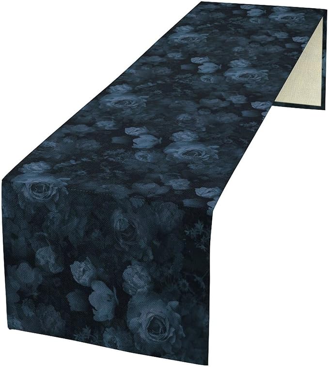 Gothic Table Runner, Dark Navy Blue Rose Vintage Garden Flowers Herbs Print Table Cover for Home Holiday Party Indoor Outdoor Decor, 13x60inch