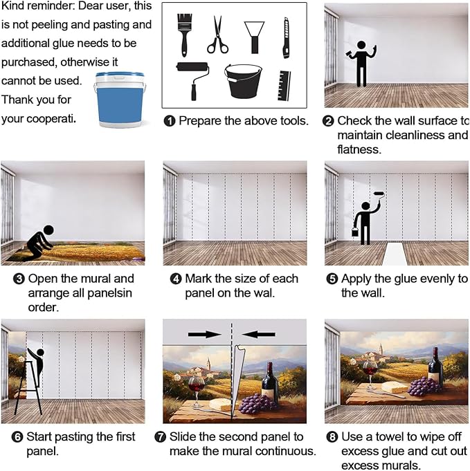 KIREUPA Tuscany Vineyard Wall Mural, Countryside Winery Scene 3d Wall Murals, Italian Rural Landscape Wallpaper Mural, for Living Room Bedroom Large Wallpaper Indoor Decor 98.4" W x68.9 H