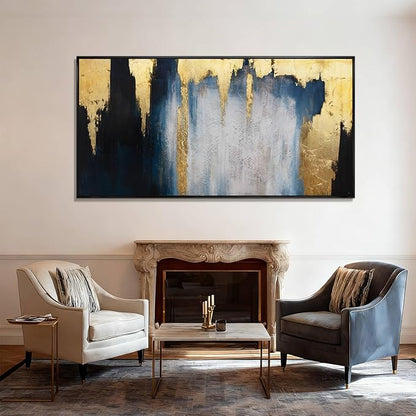 WINKAILIN Blue and Gold Abstract Canvas Wall Art with Frame Modern 29x58 Large Painting Minimalist Artwork for Living Room Bedroom Dining Room Decor