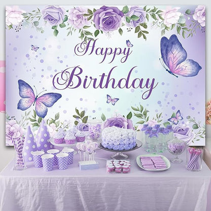 7x5Ft Butterfly Happy Birthday Backdrop Purple Butterfly Backdrop Rose Flowers Decorations Girls Birthday Party Backdground Decoration Cake Table Banner Happy Birthday Photography Background