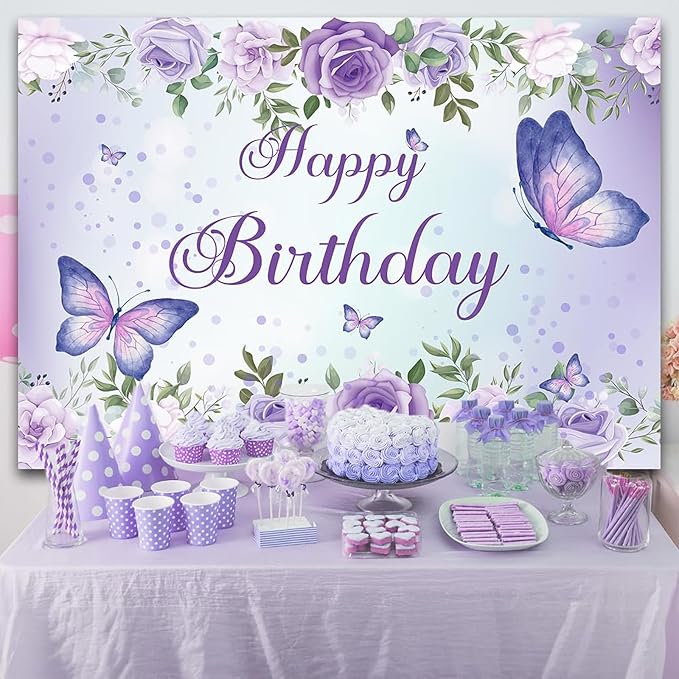 5x4Ft Purple Butterfly Birthday Banner Backdrop for Women Girl Purple Happy Birthday Backdrop Banner Rose Flowers Butterfly Decortions for Girl 's Party 59×47 inch