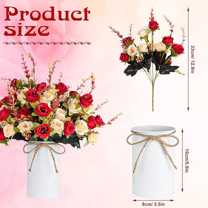 6 Set Fake Flower in Vase, Artificial Flowers with Vase, Centerpiece Table Decorations with 6 Pcs 6 Inch Large Vases and 12 Pcs Mixed Colors Silk Rose Bouquet for Wedding Home Office Farmhouse Decor