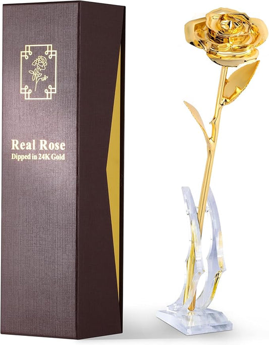 24K Gold Dipped Real Rose – Handcrafted, Elegant, One of a Kind – Romantic Gift for Her – Ideal for Birthday, Anniversary, Mother’s Day, Valentine’s (Gold)