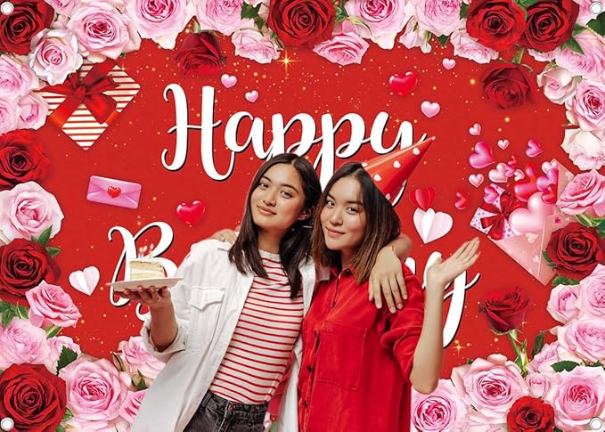 Rose Happy Birthday Backdrop for Women Red Pink Floral Birthday Photography Background Girl Flower Party Decorations Banner Booth Props (8x6FT(94 x 70 inch))
