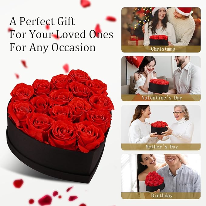 16 Forever Flowers, 9.2 inch Preserved Flowers in Heart Shape Box with Lights, Fresh Preserved Roses Gift for Her, Eternal Roses Gifts for Women Wife Birthday Mothers Day, Valentines Day Anniversary