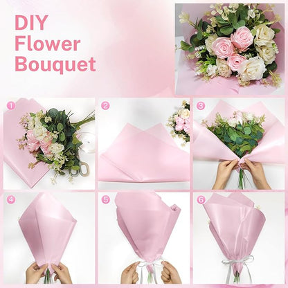 YTDEK Flower Wrapping Paper 20 Sheets Light Pink Floral Bouquet Wrapping Paper with Ribbon for Florist Supplies Birthday Wedding Shower Anniversary Graduation