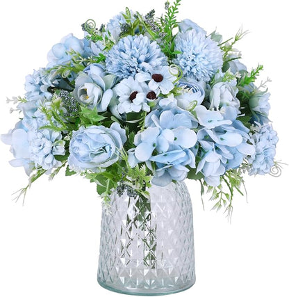 Nubry 3pcs Artificial Flowers Bouquet Fake Peony Silk Hydrangea Wildflowers Arrangements with Stems for Wedding Home Centerpieces Decor (Light Blue)
