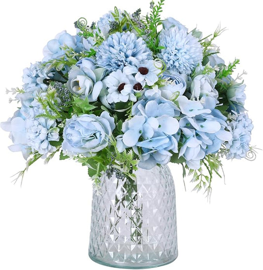 Nubry 3pcs Artificial Flowers Bouquet Fake Peony Silk Hydrangea Wildflowers Arrangements with Stems for Wedding Home Centerpieces Decor (Light Blue)