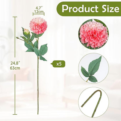 Hollyone 5PCS Dahlia Artificial Flowers 24.8" Pink Fake Ball Dahlias Silk Flowers Faux Roses Flower with Long Stems for DIY Wedding Bouquets Table Centerpieces Arrangements Bridal Party Home Decor