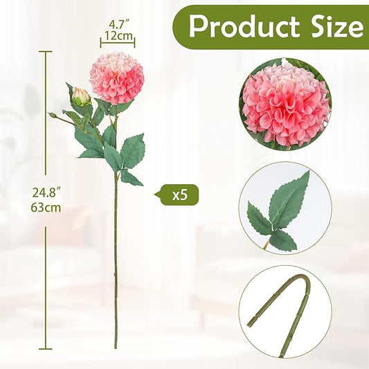 Hollyone 5PCS Dahlia Artificial Flowers 24.8" Pink Fake Ball Dahlias Silk Flowers Faux Roses Flower with Long Stems for DIY Wedding Bouquets Table Centerpieces Arrangements Bridal Party Home Decor