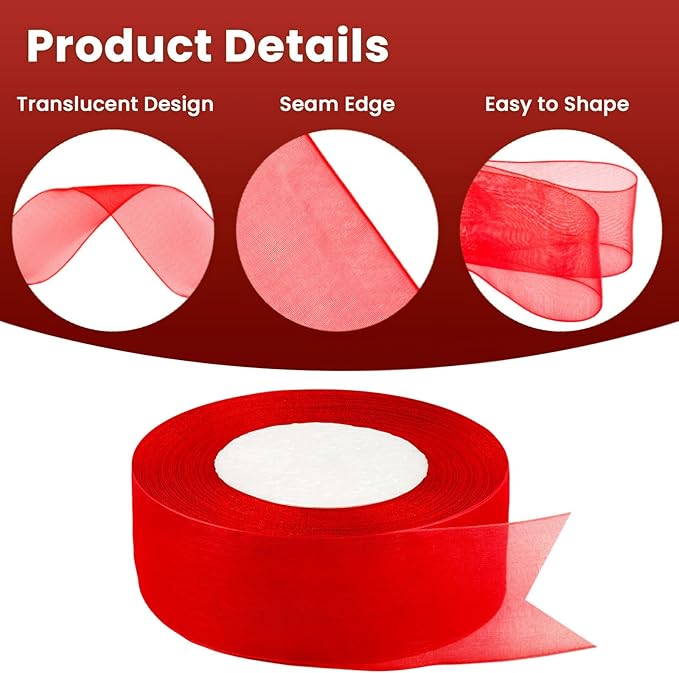 1-1/2 Inch 50 Yards Red Christmas Ribbons, Sheer Organza Holiday Ribbons for Gift Wrapping, Wedding, Party, Flower Bouquet, DIY Craft