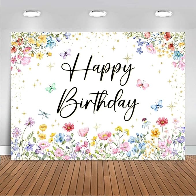 Mocsicka Wildflower Birthday Backdrop Girls Floral Wildflower Birthday Decorations Spring Garden Butterfly Flower First Birthday Banner Background Decorations (7x5ft (82x60 inch))