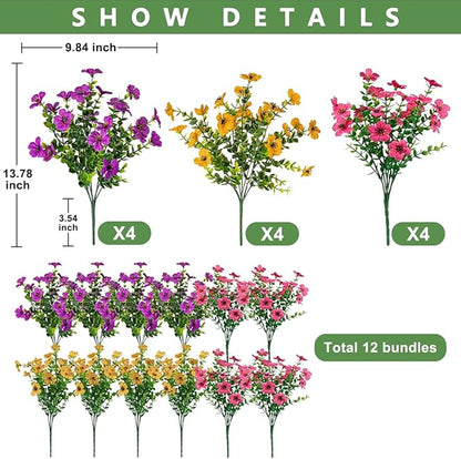 12 Bundles Artificial Flowers for Outdoor,UV Resistant Fake Flowers,Faux Plants for Outside Hanging Planters,Artificial Plants for Indoor Porch Garden Home Wedding Decor(Yellow,Fuchsia,Purple)