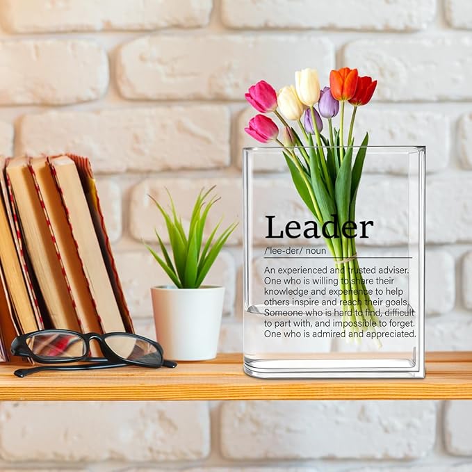 Leader Boss Bosses Day Gifts for Women Men Manager Funny Office Decor for Women Wooden Acrylic Book Flower Vase National Boss Day Decorations Gifts for Leader HR Manager Men Bookshelf Desk Decor