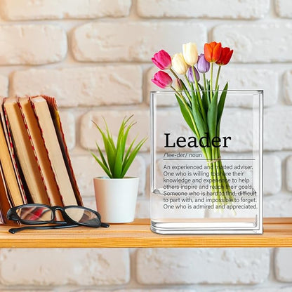 Leader Boss Bosses Day Gifts for Women Men Manager Funny Office Decor for Women Wooden Acrylic Book Flower Vase National Boss Day Decorations Gifts for Leader HR Manager Men Bookshelf Desk Decor