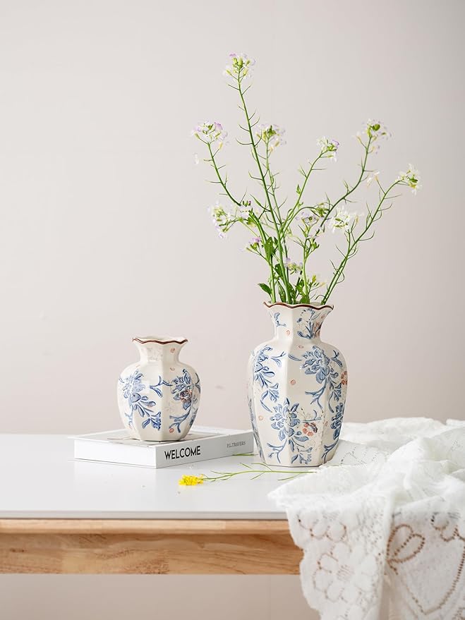 Blue and White Vase, Vintage Blue Ceramic Flower Vessel,Ceramic vases for Home Decor,Vintage Green and Beige for Console Table Mantle Chinoiserie Decor (Blue and White-02, Large)