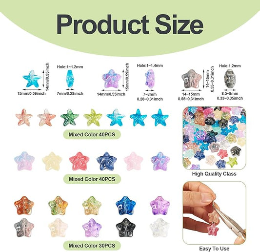 110Pcs 14mm Gradient Glass Star Beads Colorful Starfish Crystal Beads Clear Bowknot Pentagram Charm Beads Ocean Beach Craft Beads Loose Spacer Beads for DIY Bracelet Earring Jewelry Making