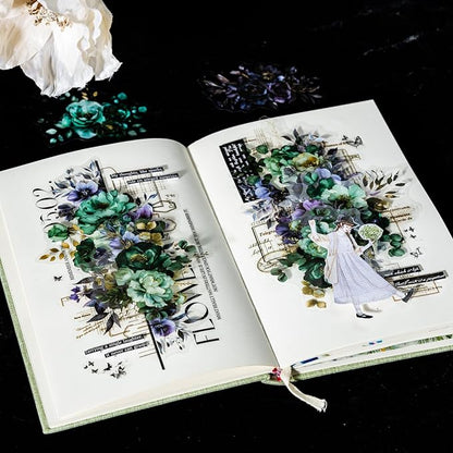 Blooming in The Dark Night PET Stickers, 120 Pcs Gothic Dark Floral Stickers for Scrapbooking, Journaling, Collage Supplies, and DIY Crafts