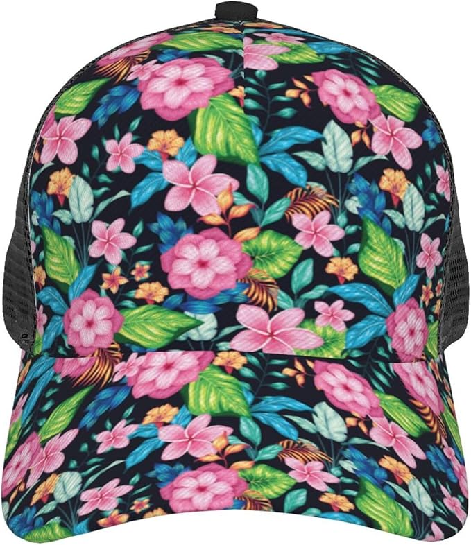Tropical Pink Flowers Hats Women Men Hawaii Trucker Hat Adjustable Snapback Mesh Baseball Cap Hat