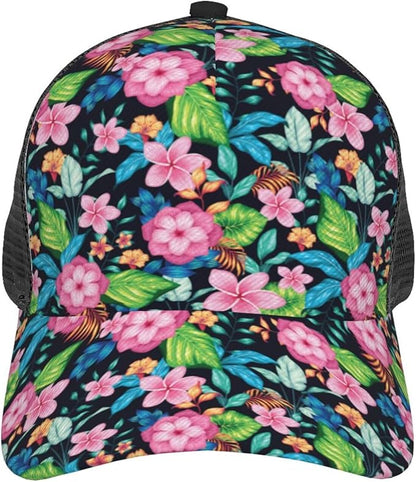 Tropical Pink Flowers Hats Women Men Hawaii Trucker Hat Adjustable Snapback Mesh Baseball Cap Hat