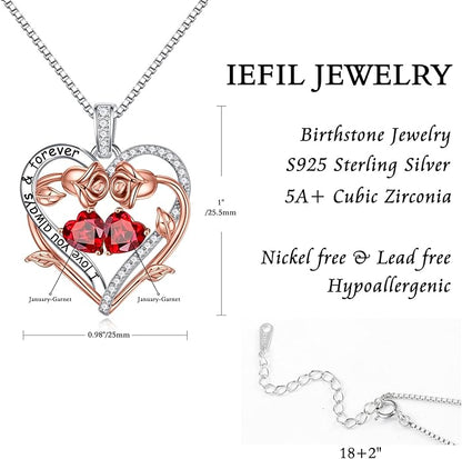 Iefil Rose Heart Double Birthstone Necklace Gifts for Wife Her Mom Women, Birthstone Jewelry Gemstone Birthday Gifts for Girlfriend Grandma Her Wife Women