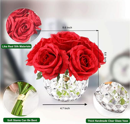 7 Large Stem Rose Red Artificial Flowers in Vase, Silk Flowers Arrangement in Round Glass Vase Without Water for Home Decor, Wedding Table (Red)