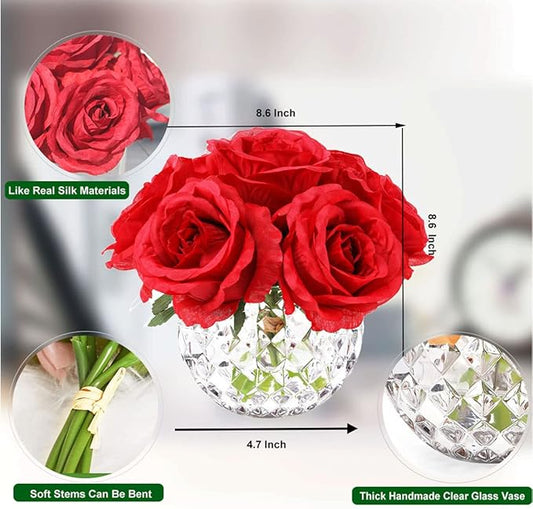 7 Large Stem Rose Red Artificial Flowers in Vase, Silk Flowers Arrangement in Round Glass Vase Without Water for Home Decor, Wedding Table (Red)