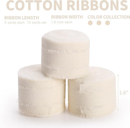 Ivory Ribbon 1-1/2 x 15 Yards Handmade Cotton Frayed Fringe Fabric Ribbons for Crafts Flower Bouquets Wedding Baby Shower Home DIY Decor