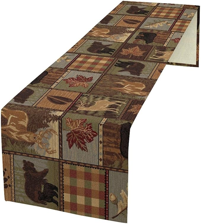 Rustic Bear Table Runner, Vintage Cottage Country Style Pine Tree Elk Wildlife Dinner Runner for Home Kitchen Dining Table Decoration 13"x108"