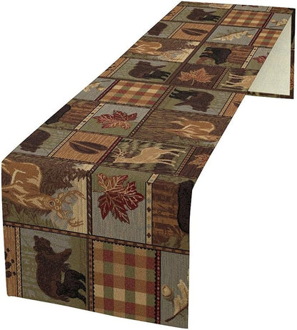 Rustic Bear Table Runner, Vintage Cottage Country Style Pine Tree Elk Wildlife Dinner Runner for Home Kitchen Dining Table Decoration 13"x60"