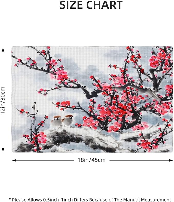 Ink Painting Cherry Blossoms Placemats Set of 4,Vintage Chinese Art Ink Painting Flower Linen Placemats Decoration for Family Dinners, Party, Holidays, Gathering 6 PCS