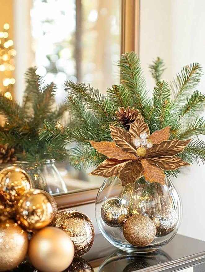 Hollyone 3PCS Poinsettia Christmas Flowers Artificial 11" Large Bronze Glitter Poinsettia Flowers Christmas Tree Ornaments Floral Picks for Tree Wreath Garland Vase Table Centerpiece Home Decor