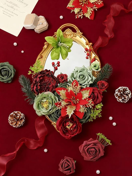 Christmas Artificial Flowers Box Silk Fake Roses with Stems for DIY Christmas Tree Wreath Decor,Floral Arrangement Cake Table Centerpieces Wedding Bouquet Baby Shower Birthday Home Decor