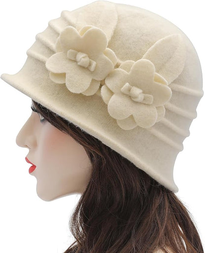 ZLYC Women Wool Cloche Bucket Hat 1920s Vintage Dress Winter Hats with Flower Accent