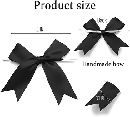 50 Counts Black Twist Tie Bows 3.1" Pre-Tied Satin Ribbon Bow Decor Mini Twist Tie Bows for Gift Wrapping Treat Bags Cake Bridal Baby Shower Birthday Party Favors Wedding Decorations