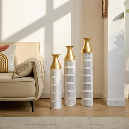Floor Oversized Gold Metal Decorative Vase with 3D Triangle Pattern Set of 3 Large Vases for Home Living Room 33.5 ", 29.5 ", 25.2" High (Retro White)
