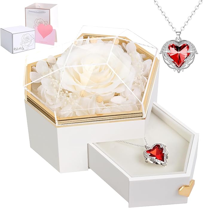 Preserved White Real Rose with Necklace Forever Flowers Diamond shaped Box for Mom Wife Girlfriend Grandma on Mothers Day Birthday Valentines Christmas Anniversary Beatiful Gifts for women