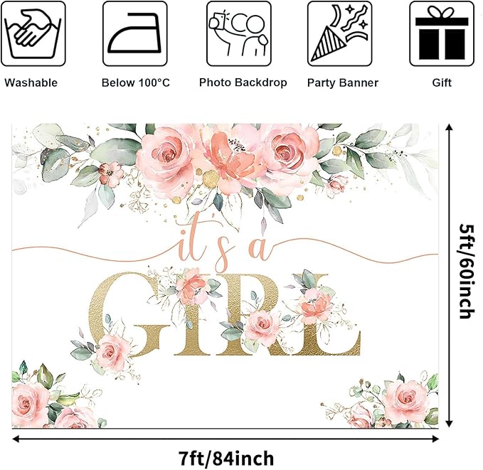 Avezano Blush Pink Floral Baby Shower Backdrop for Girls Photography Background It's a Girl Baby Shower Decorations Sweet Blush Pink Party Photoshoot Backdrops (7x5ft)